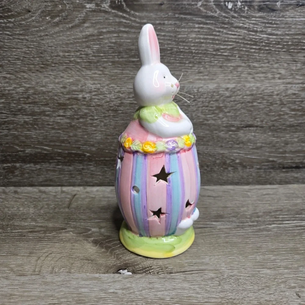 Ceramic Easter Bunny Rabbit Tealight Candle Holder Pastel Stripe Star Cutout